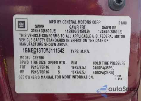 2000 Chevrolet Tahoe All New Ls z USA, uszkodzony, nr VIN 1GNEC13T0YJ111542